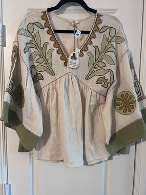 Boho Embroidered V-Neck Top with Green Accents
